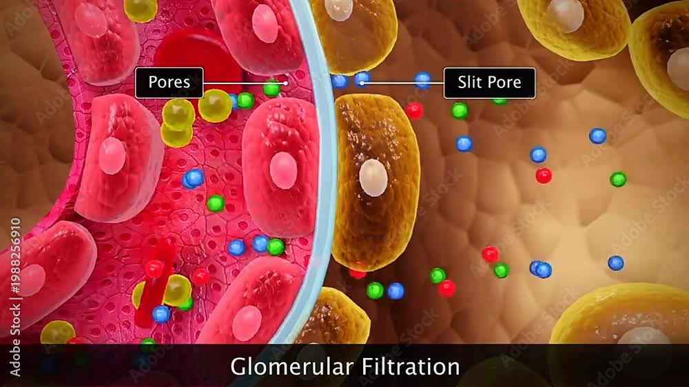 3D animation showing glomerular filtration process in kidneys with ...