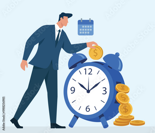 Businessman investing a gold coin into a giant alarm clock, symbolizing "time is money", long-term savings, and financial planning, Time is Money, Financial Investment, Long-Term Savings