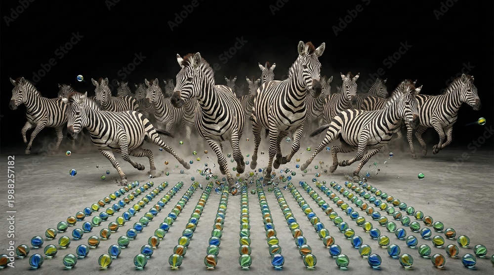 Naklejka premium Herd of zebras galloping across a studio floor, smashing vibrant glass marbles into colorful shards and scattering motion and contrast against a dark background
