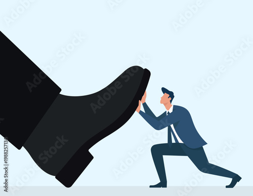 Tiny businessman resisting a giant shoe stepping on him, symbolizing corporate oppression, unfair competition, and struggle against authority, Corporate Oppression, Resisting Authority