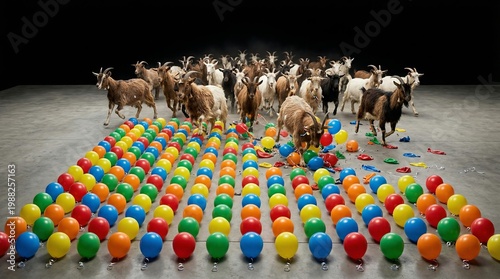 Herd of agile goats running and disrupting orderly rows of vibrant colorful balloons on a concrete floor in a studio setting, creating a scene of playful disarray