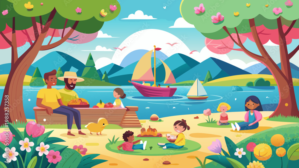 Fototapeta premium Spring Lakeside Picnic with Boats and Flowers Vector Scene