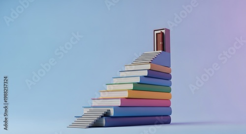 Surreal stack of books forming a staircase leading to a single open door