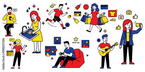 Big set of flat people engaging in daily routine and hobbies. Memphis style illustration of characters drinking coffee, washing dishes, playing sports, shopping, and gaming, isolated.