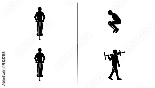 Human activity icons showing standing jumping and lifting actions illustrated in minimal silhouette line illustration style for instruction guides and motion reference visuals