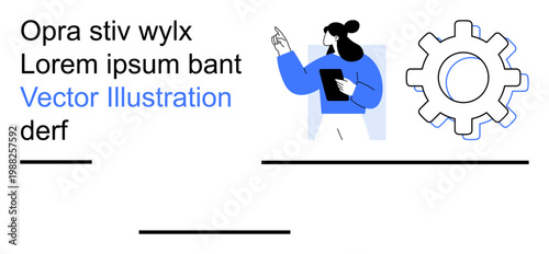 Business development, strategic planning, innovation, teamwork, mechanical design, digital workflow. An abstract design showing a person pointing and a gear. Business development and strategic