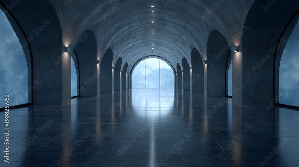Obraz premium Symmetrical futuristic corridor with arched creating a dramatic sense of depth and calm light