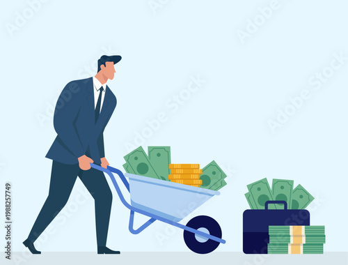 Businessman pushing a wheelbarrow full of money, Wealth Accumulation, Massive Profits, Financial Success, Moving Capital, Investment Return