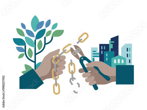 Hands breaking chains with cityscape and greenery representing freedom, growth, and urban development