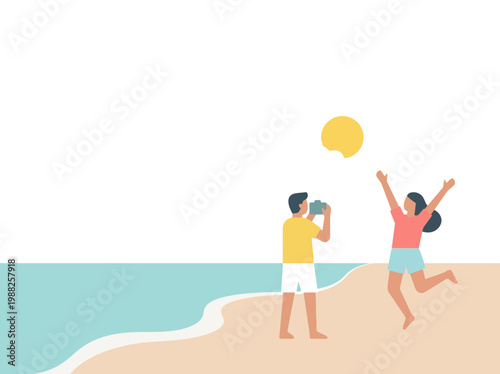 Young woman jumping on beach while man photographing under sunny blue sky summer lifestyle scene