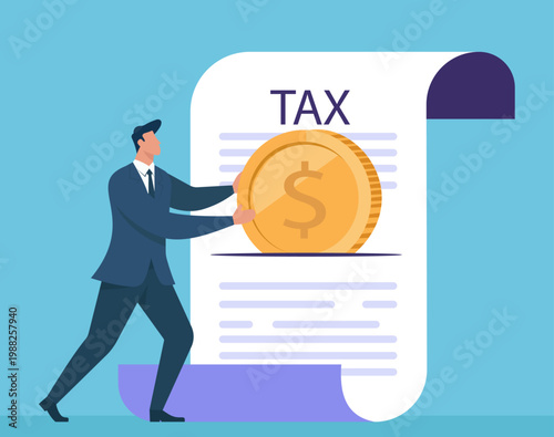 Businessman pushing a giant coin against a large tax document, illustrating corporate tax payment and financial obligation concept, Tax Payment, Corporate Taxation, Financial Obligation