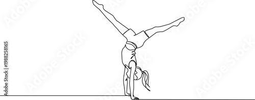 continuous line drawing of athletic young woman performing handstand, line art vector illustration