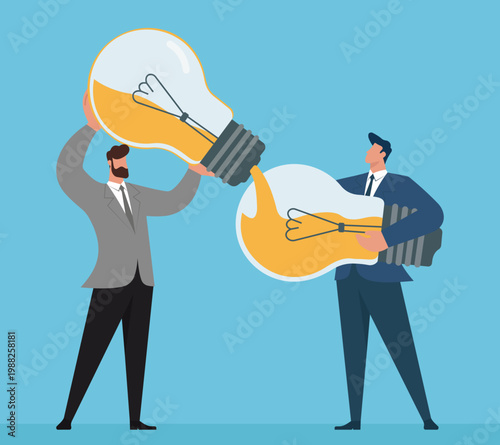 Businessmen sharing knowledge by pouring glowing liquid between giant lightbulbs, symbolizing teamwork, mentorship, and creative collaboration concept, Knowledge Transfer Concept