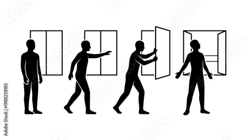 Cupboard opening and closing interaction poses showing daily storage usage illustrated in clean silhouette line illustration style for user behavior and activity visuals