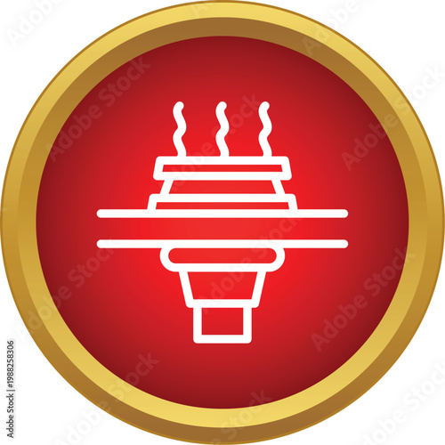 Industrial blast furnace smelting hot metal with rising steam inside a red circle icon