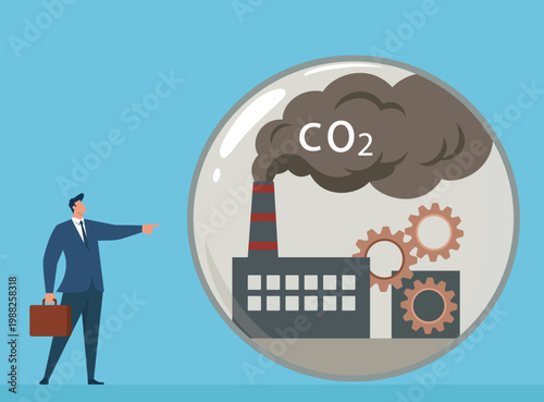 Businessman pointing at a factory emitting CO2 smoke inside a transparent bubble, illustrating carbon footprint and environmental pollution concepts, Corporate Carbon Footprint