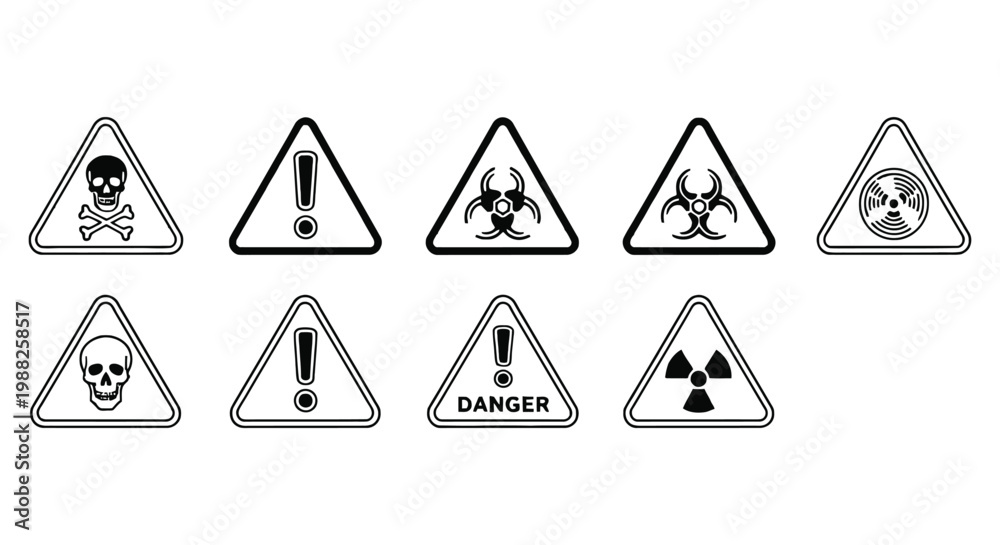 Obraz premium Warning signs vector icons set for safety and hazard alerts