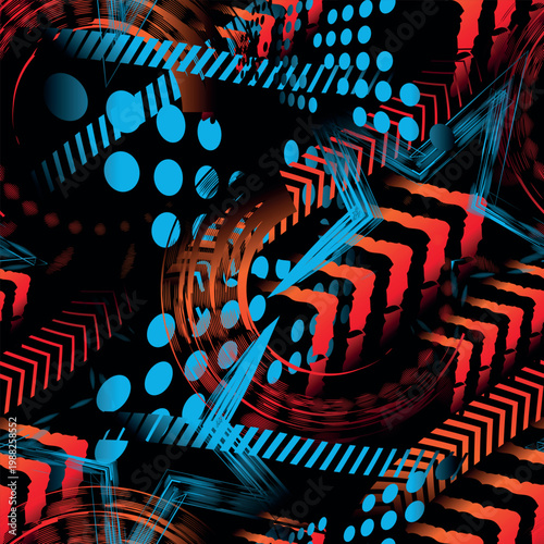 Abstract neon chaotic seamless pattern . Creative vector background with dots, geometric figures,stripes inscriptions. Modern, grunge , Colorful wallpaper for textile and fabric. Fashion style. 
