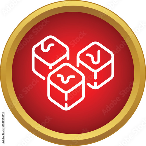 Three white outline sugar cubes with a topping detail in a red and gold circle