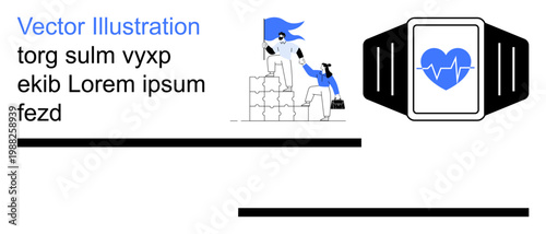 Business teamwork, collaboration, fitness technology, health tracking, heart monitoring, goal achievement. Individuals climbing blocks and a smartwatch with a heart symbol. Collaboration and fitness