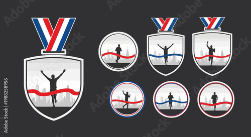 Marathon Victory Medals And Competition Badges With A Skyline Silhouette Victory