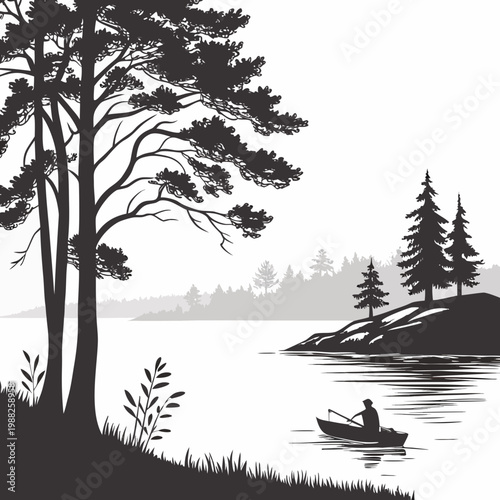 Black and white silhouette of a man in a boat on a serene lake surrounded by trees and grassy shore
