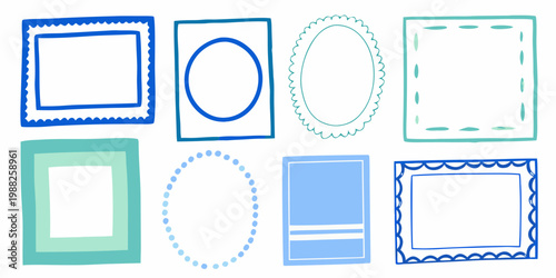 Collection of hand drawn frames and borders in blue and green tones