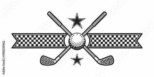 Vintage golf emblem featuring crossed clubs a ball and star accents