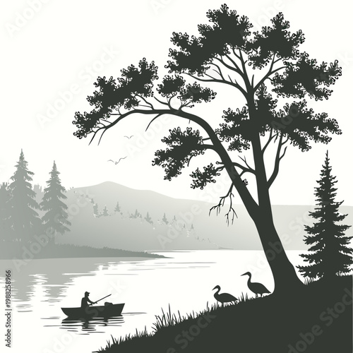 A black silhouette of a man in a boat on a lake with trees and birds