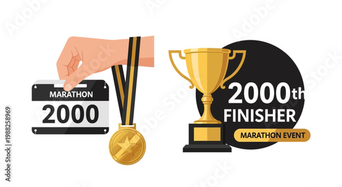 Marathon Victory Depiction Featuring Medals, Trophies, and Runner Achievements Celebration