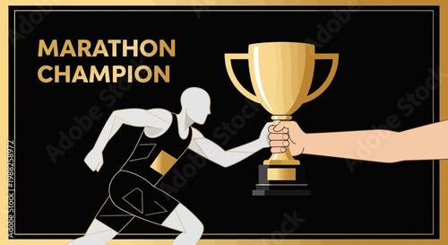 Marathon Winner Awarded Champion Trophy on the Podium with Gold and Black Aesthetic Visuals