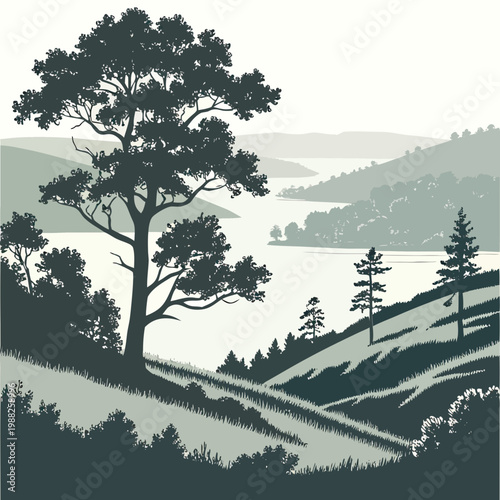 Monochromatic illustration of a serene landscape with trees on a hillside overlooking a body of water