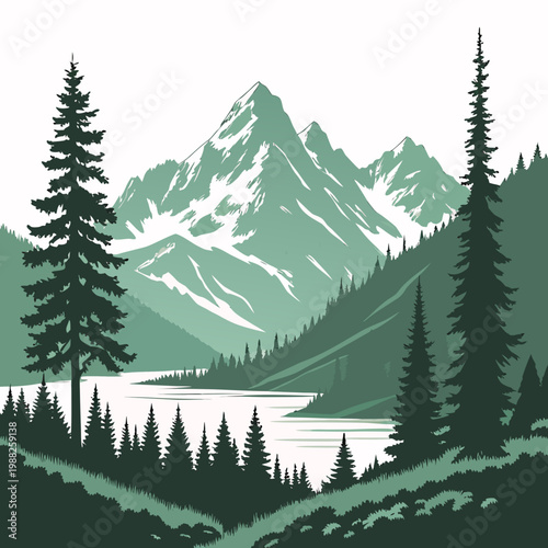 A serene landscape featuring a mountain range with pine trees and a lake in the foreground