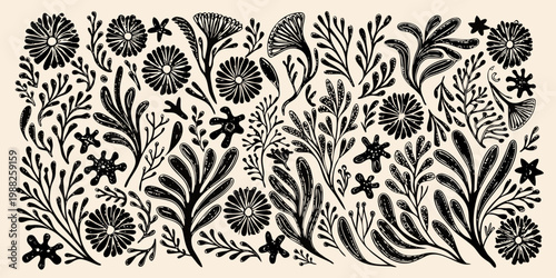 Vintage botanical illustration featuring various stylized floral and marine life