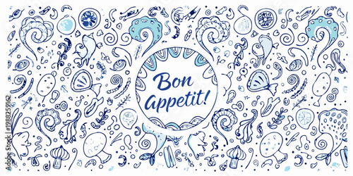 Whimsical blue doodle pattern with bon app tit lettering and food motifs