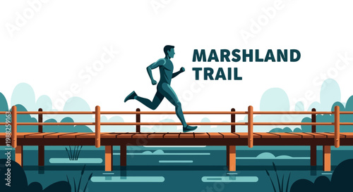 Marshland Runner Crossing a Wooden Bridge, Vector Illustration of Healthy Lifestyle