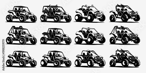 Black and white illustration of various off road utility vehicles