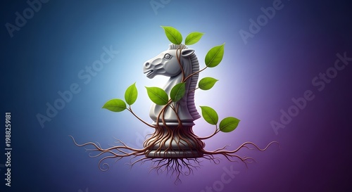 Growth from strategy a chess knight transformed into a flourishing plant symbol