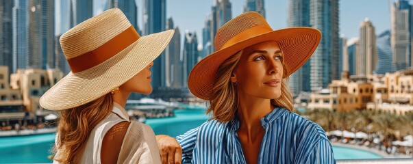 Woman in sun hat overlooking Dubai skyline and waterfront enjoying luxury city travel and leisure