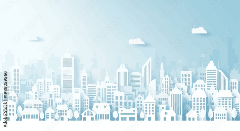 Obraz premium Minimalistic White City Skyline With Clouds Over A Light Blue Sky Backdrop