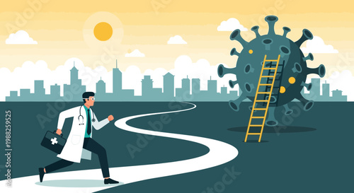 Medical Professional Races Toward Contagion Seeking Cure and Relief With a City Backdrop