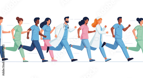 Medical Professionals Sprinting Forward, Illustrating Healthcare Rapid Response, Cartoon Style