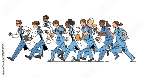 Medical Professionals Sprinting Towards a Destination Depicting Healthcare Professionals Speeding