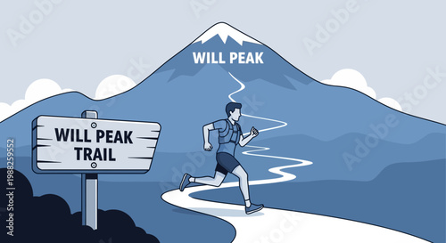 Man Running Towards Mountain Summit Destination on Scenic Trail