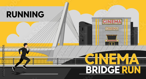 Man Running Towards Cinema Building Across a Modern Bridge