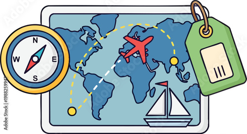 Travel Planning Map with Compass and Airplane
