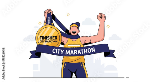 Marathon Champion Celebrates Victory With Gold Medal and Finisher Ribbon, City Race, Vector