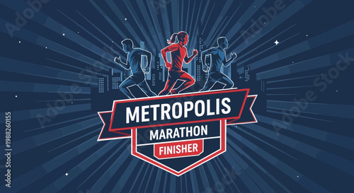Metropolis Marathon Finisher Achievement Emblem With Dynamic Runners