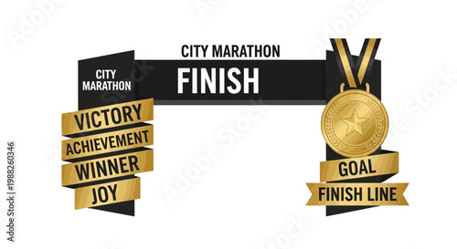 Marathon Finish Line Celebration Visual Depicting Medal, Ribbons, and Text Elements