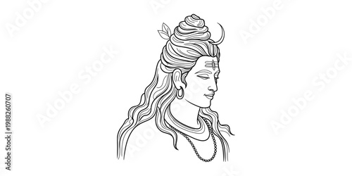 Black and white line drawing illustration of lord shiva with long hair and a crescent moon